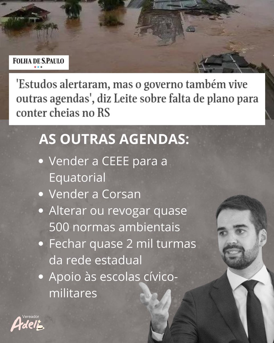 AdeliSell's tweet photo. CULPADO CONFESSO!

O governador Eduardo Leite admitiu, em entrevista ao jornal Folha de São Paulo, que o seu governo foi avisado sobre a iminência das catástrofes climáticas no RS. 

Mas, segundo o próprio governador, havia outras agendas prioritárias. https://t.co/5wW9t2nLUj