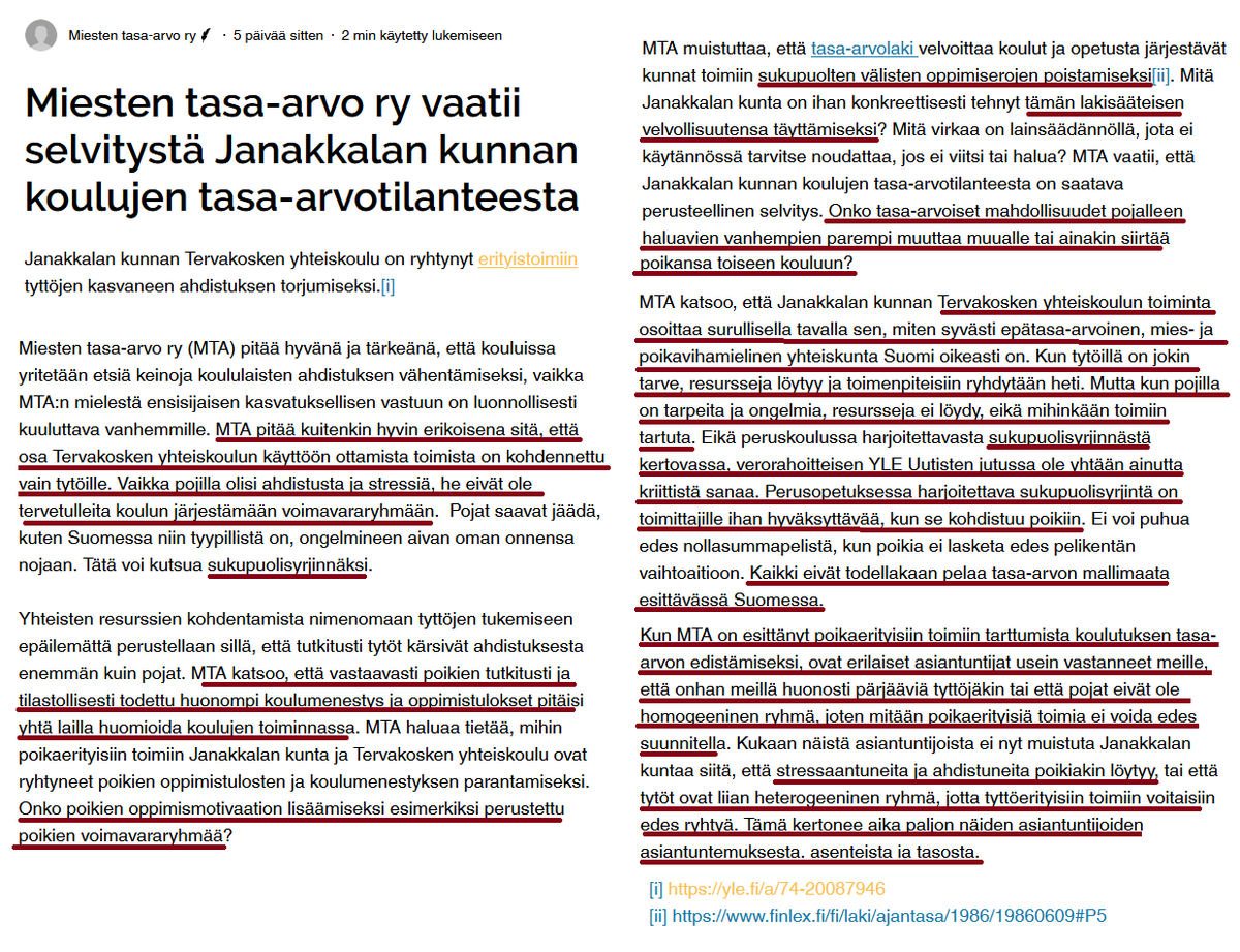 @minjakoskela Laitetaan uudestaan ja korostuksilla niin mikä tässä on ongelmallista? Kuvasit, että MTA ei ajaisi tasa-arvoa 'ja vesittää muiden työtä'? Koska minusta ajaa kyllä, sitä aitoa tasa-arvoa, johon myös miehet lasketaan, eikä mitään rasistista intersektionaalista feminismiä.