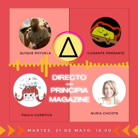 💥Presentación online del nuevo Principia kids💥
Ciencia, literatura y gatos con Nuria Chicote, <a href="/CuanticaPaula/">Paula Cuántica</a>, Xaviera Torres y <a href="/eroyuela/">Quique Royuela🐈</a>.
🗓️ Fecha: martes, 21 de mayo ⏰ Hora: 18:00.
🚩 Lugar: Instagram de Nuria Chicote:
instagram.com/nuria_chic
¡Nos vemos!
Compartir nos ayuda😻
