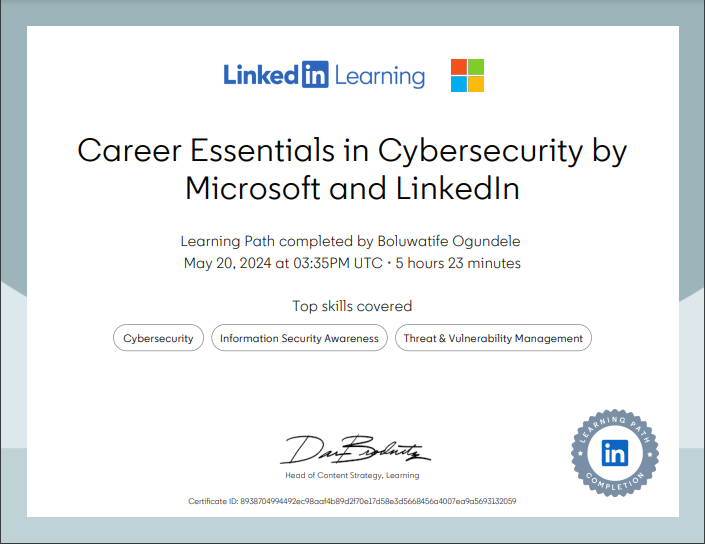 🎉 Just wrapped up the LinkedIn Career Essentials in Cybersecurity course!

🚀 Delved into risk management, network security, and ethical hacking, gaining invaluable insights along the way.

#3MTT #3MTTLearningCommunity