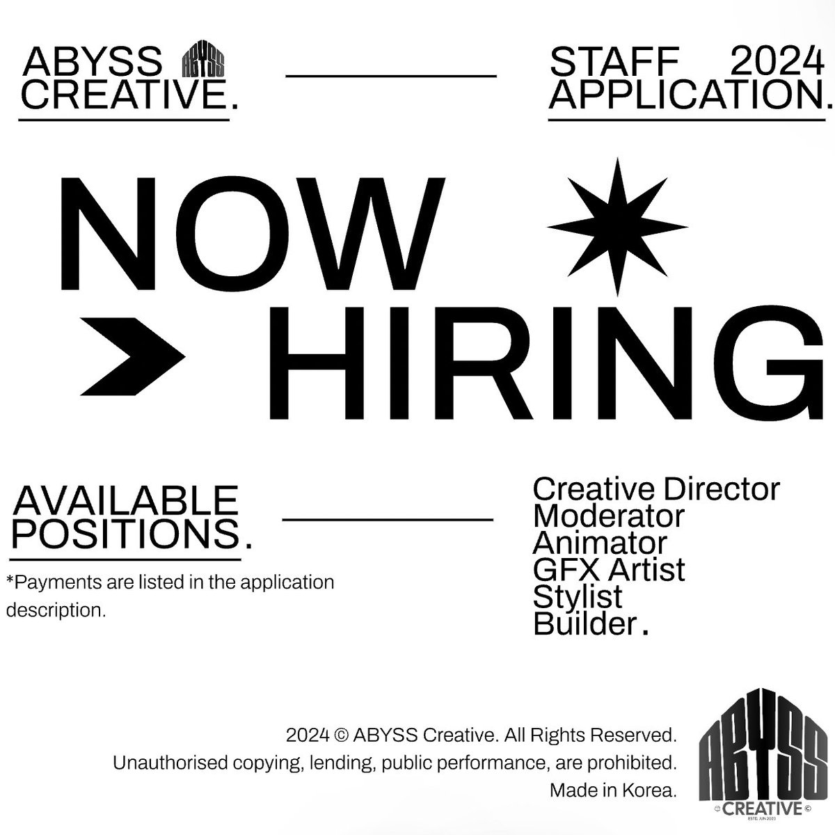 ABYSSCreative_'s tweet photo. ABYSS - 2024 Staff Applications
📢 We are now opening our STAFF Applications. We are looking for the following:
- Creative Director
- Server Moderator
- Animator
- GFX Artist
- Stylist
- Builder
🔗: https://t.co/0z0DsUfQY5
*Must have DISCORD.
#kpop #kuv #roblox #rhstudio https://t.co/GpqWmYMIIo