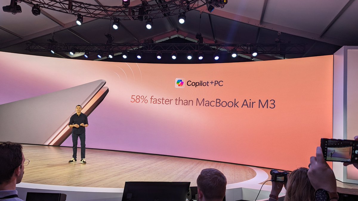 Olivier Blanchard 💬 (@oablanchard) on Twitter photo LOL. Shots fired.
@microsoft positioning Copilot+ PCs against Apple in the Arm-based PC SOC space.
Which, if I am right, tells us something about how @qualcomm's <a href="/Snapdragon/">Snapdragon</a> X Elite SOC already compares to Apple silicon. 👀
>> 58% faster than MacBook Air M3.
#microsoftevent LOL. Shots fired.
@microsoft positioning Copilot+ PCs against Apple in the Arm-based PC SOC space.
Which, if I am right, tells us something about how @qualcomm's <a href="/Snapdragon/">Snapdragon</a> X Elite SOC already compares to Apple silicon. 👀
>> 58% faster than MacBook Air M3.
#microsoftevent