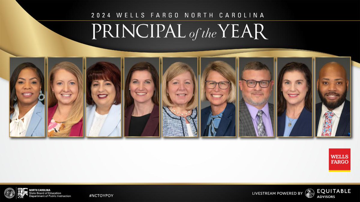 Can't wait to learn who will be the 2024 @WellsFargo NC Principal of the Year! Join us this Friday, May 24 at noon for pre-show & ceremony livestream on @ncpublicschools Facebook & YouTube youtube.com/ncpublicschools with support from @EquitableFin & @MyPBSNC. #NCTOYPOY