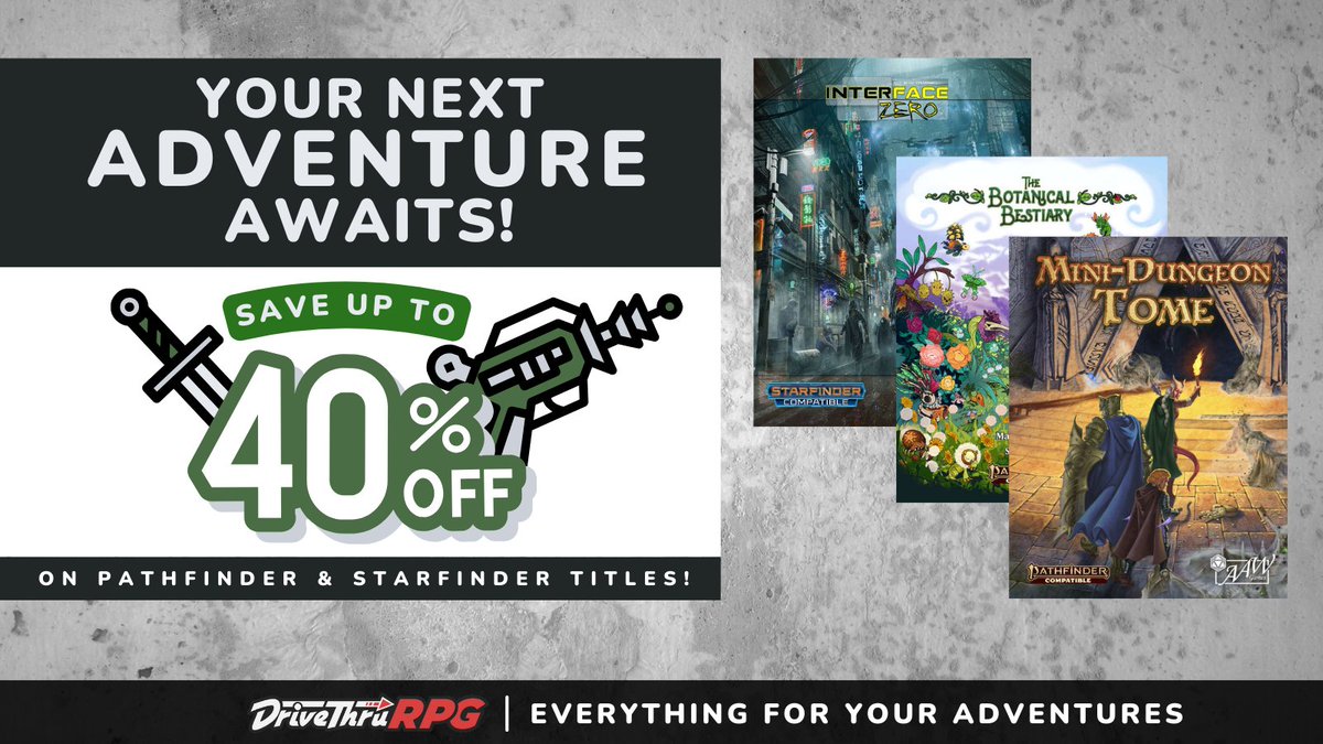 The PaizoCon Sale is ON! Celebrate PaizoCon and save up to 40% on #Pathfinder & #Starfinder titles at @DriveThruRPG & @PF_Infinite for a limited time! Your Next Adventure AWAITS! 👇 ⚔️DriveThruRPG: drivethrurpg.com/en/browse?prom… 💫Infinite: pathfinderinfinite.com/sale.php?src=p… #ttrpgs