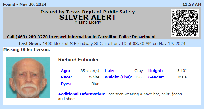 DISCONTINUED SILVER ALERT for Richard Eubanks from Carrollton, TX, on 05/19/2024.