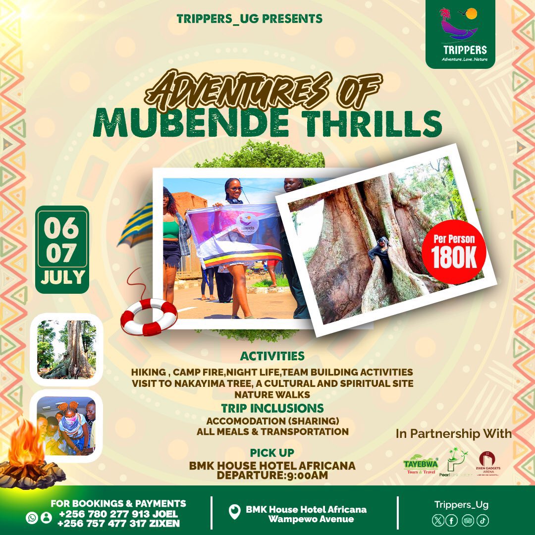 Mubende stole my heart with its breathtaking scenery and warm hospitality. A trip to remember forever. 🥰🥰. Let’s go to mubende this July 06th to 07th 2024 with @trippers_ug .
Contact +256706536159 to make yo payments and bookings.
#TrippersUg