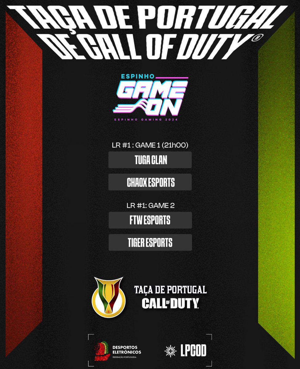 espinhogameon's tweet photo. É já hoje a segunda jornada da Taça de Portugal de Call of Duty by @espinhogameon 🏆🔫

Junta-te a nós para ver os jogos da Lower Bracket da #TPCOD:

1. @tuga_clan vs @ChaoX_eSPORTS , e
2. @ftwesports vs @tigeresportspt

Hoje - 21:00: 📺 https://t.co/WBfjDP43hM

#espinhogameon https://t.co/GAMK9SsUtz