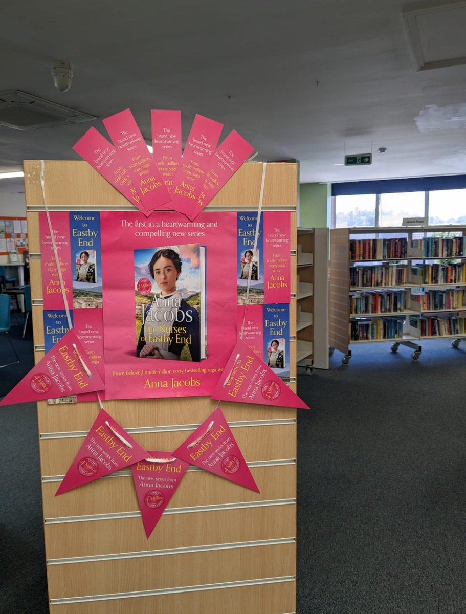 NewmarketLib's tweet photo. Lynette has made some bunting &amp; promo pieces for @AnnaJacobsBooks new #EastbyEnd series of heartwarmingnovels into a colourful and eye-catching #bookdisplay. 🤩

#TheNursesofEastbyEnd #newbook #bookrelease #newnovel #annajacobs https://t.co/X1qVdfspQ0