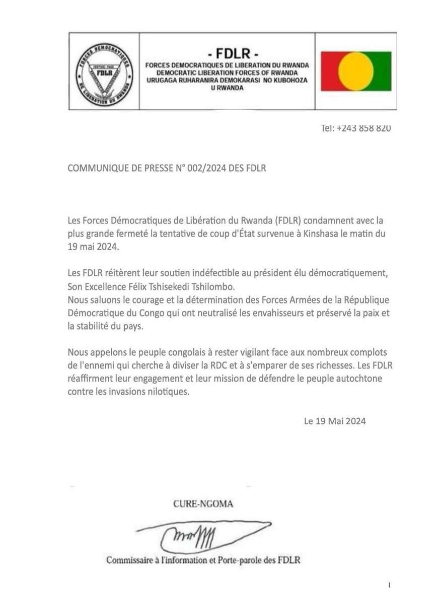 True allies emerge during times of crisis. The #FDLR unequivocally condemns the coup attempt in Kinshasa against President Tshisekedi. #drchoice #Congo #RDC @IFDLR