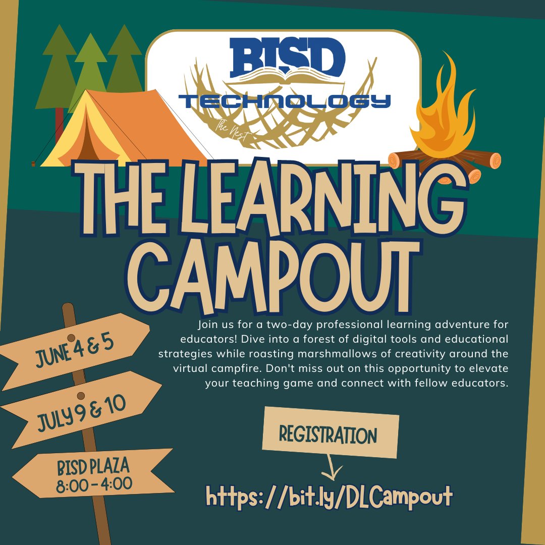 Join the Digital Learning team for an exciting journey! Register for our Digital Learning Camp on June 4-5 &amp; July 9 -10. Choose from various sessions covering AI, Canvas, Data &amp; Assessment, Innovation, and more. Flexible registration options are available! bit.ly/DLCampout