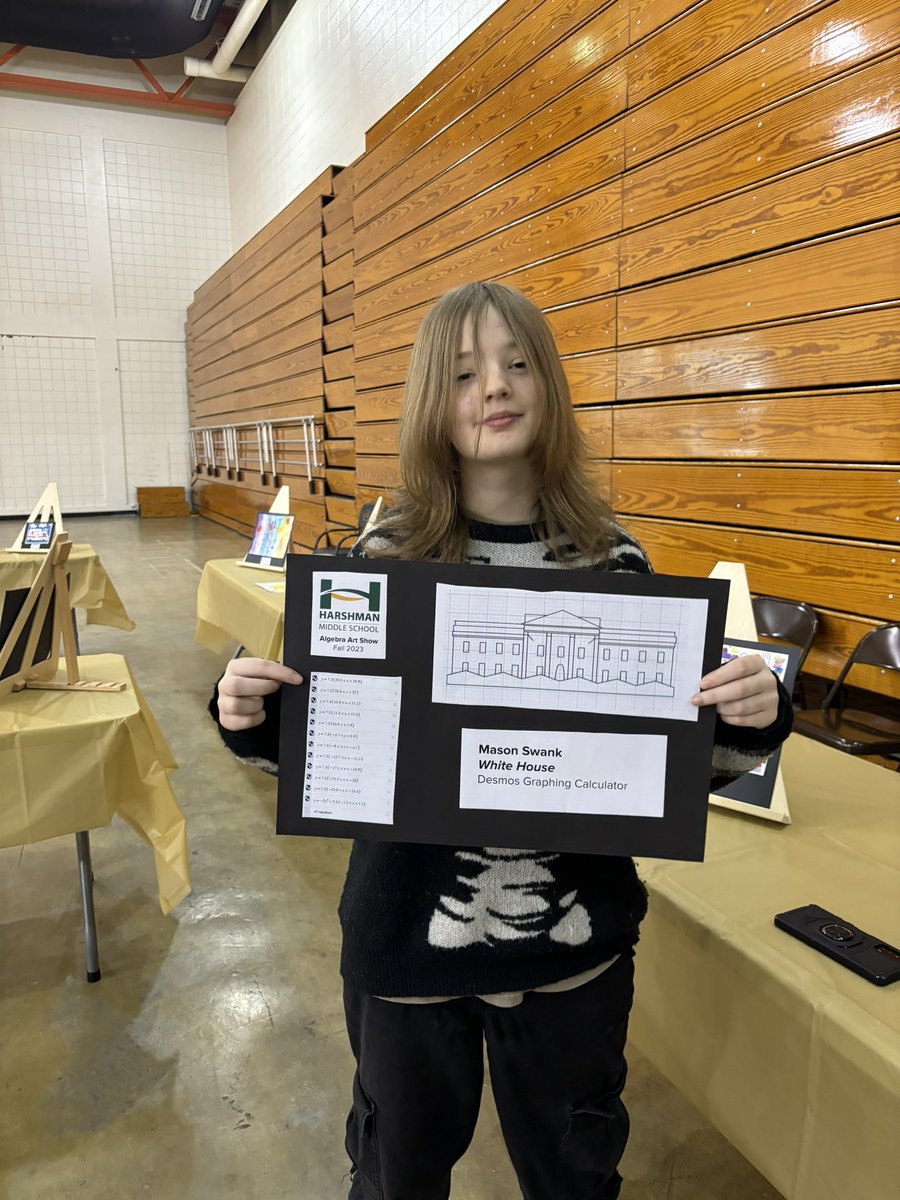 MsHereth's tweet photo. These @harshman_ms math artists had a great time displaying their @Desmos art creations at @ips_schools Museum of Mathematical Art Show! https://t.co/USFYWU5oEs
