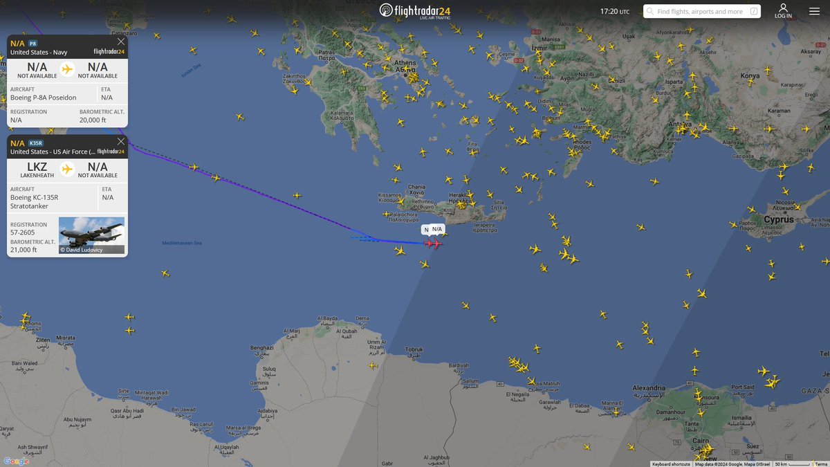 May 21, 2024 #Naval Air Station Sigonella #Israel-Lebanon-Syria offshore #NoCALLSIGN #AE67A2 USN P-8A Poseidon Refueling #RAF Mildenhall #Mediterranean Sea #NoCALLSIGN #AE04FB USAF KC-135R Stratotanker