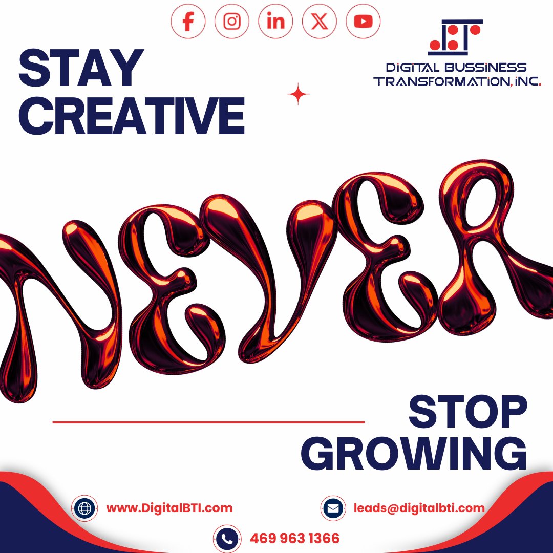 Stay creative, never stop growing with DigitalBTI!  Embrace innovation for Your Business Success. Contact us today! 🌟🚀 

#DigitalBTI #CreativeGrowth #BusinessSuccess #Innovation #Entrepreneurship #Inspiration #Motivation #ProfessionalDevelopment #ContactUs #GrowYourBusinessg