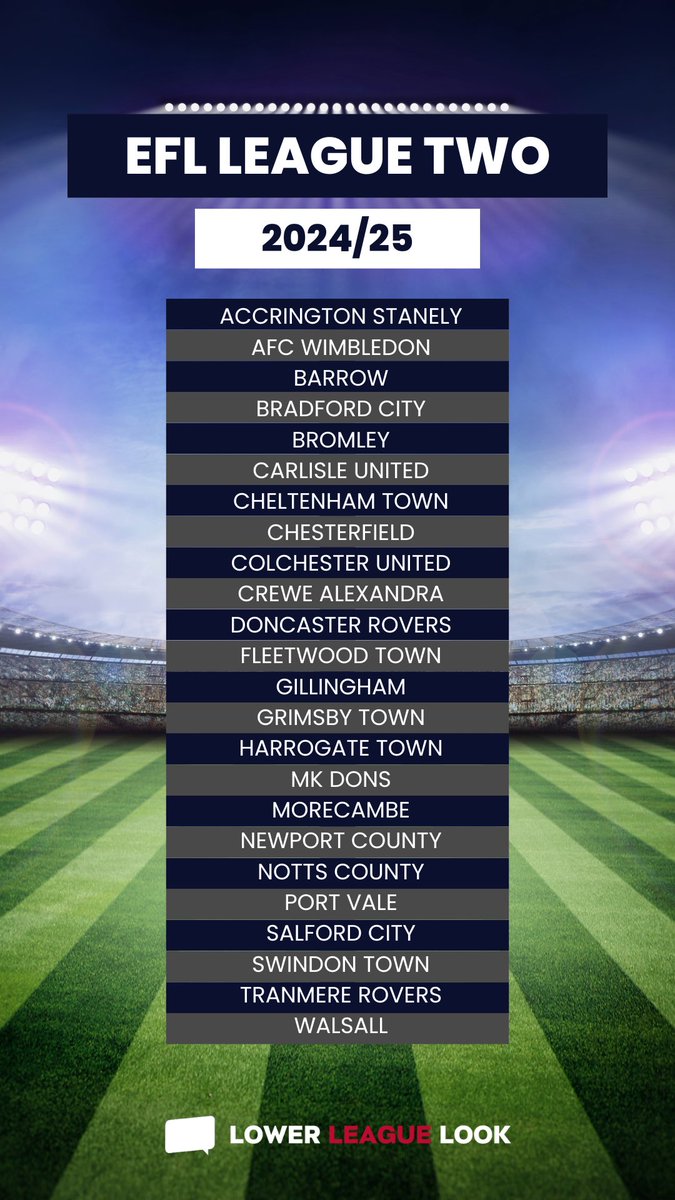 So here we have it.

League Two for 2024/25.

#ASFC #BarrowAFC #BCAFC #ColU #CreweAlex #DRFC #Gills #GTFC #ProudToBeTown #MKDons #MorecambeFC #NewportCounty #Notts #WeAreSalford #STFC #TRFC #Walsallfc #afcWimbledon #CarlisleUtd #ftfc #ctfc #pvfc #WeAreBromley #ChesterfieldFC