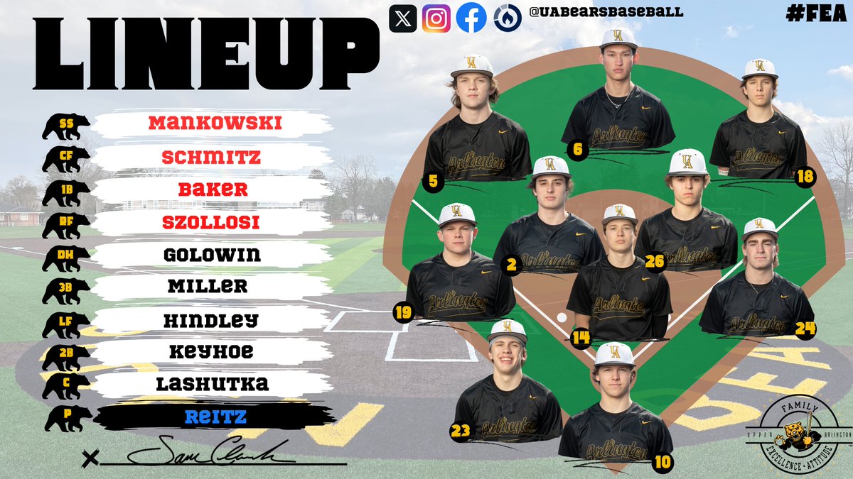Lineup for game 3️⃣0️⃣ First Pitch | 5:00 PM #FEA | #GoBears 🐻⚾️