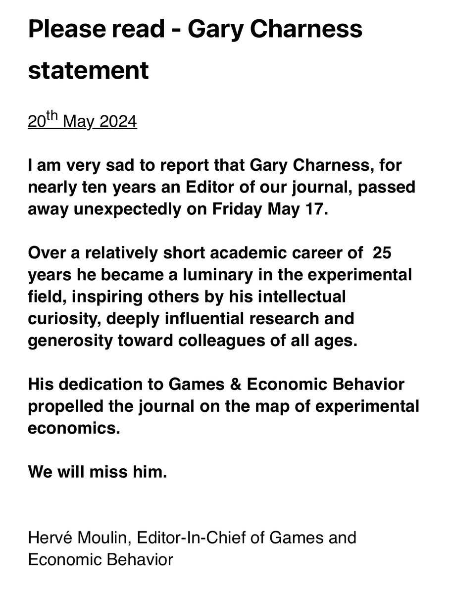 message from Hervé Moulin, GEB editor, on the passing of Gary Charness.