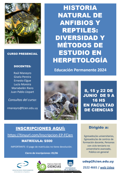 eduperfcien's tweet photo. Estimad@s,  Están abiertas las inscripciones para el curso EP "HISTORIA NATURAL DE ANFIBIOS Y REPTILES: DIVERSIDAD Y MÉTODOS DE ESTUDIO EN HERPETOLOGÍA".  INSCRIPCIONES: https://t.co/0op32MVTkX……… …hasta el 04 de junio. Matrícula: $u 500.  Adjuntamos más info. https://t.co/yIjreqrHIg