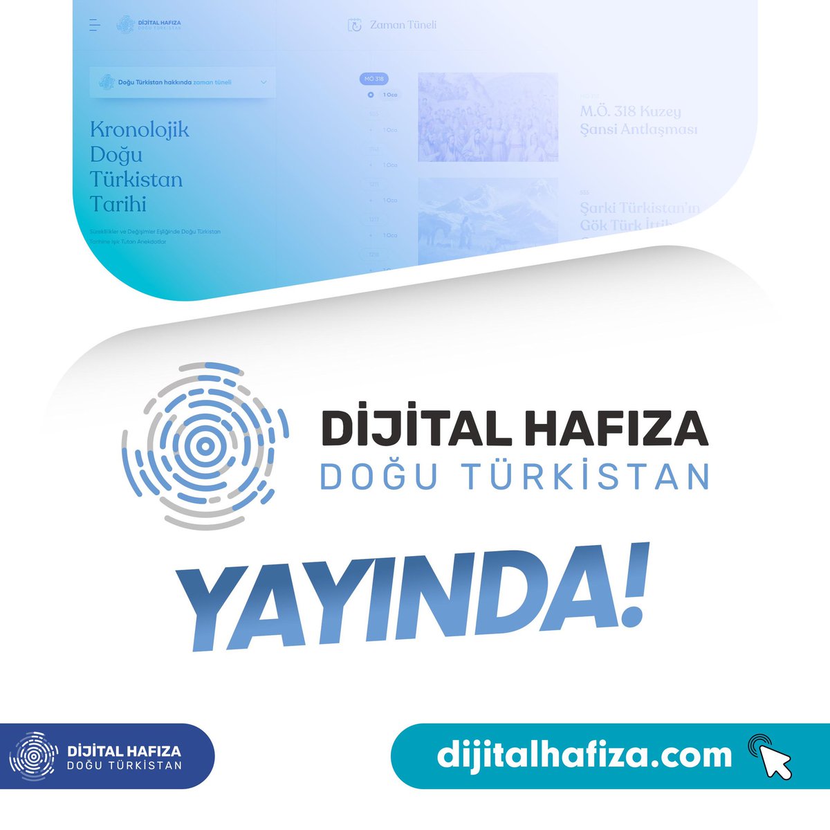 dijitalhafizam's tweet photo. 📢 Dijital Hafıza Merkezi Doğu Türkistan açıldı! 

Proje; biyografiler, zaman tüneli, kavramlar sözlüğü, sergi, video/belgeseller, kütüphane, infografiler, tarihi belgeler gibi 9 ana başlık altında sunuluyor. 

📲  https://t.co/tmlzCPgWIM adresinden sitemizi ziyaret edebilirsiniz https://t.co/h4boO4Grd2