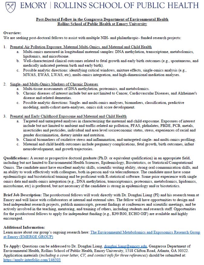 I'm recruiting #postdoc fellows! Please RT and share with anyone who may be interested and reach out if you have any questions. The fellow will primarily help with <a href="/NIEHS/">Niel</a> projects on #Exposomics, #MultiOmics, and #MaternalandChildHealth. Link to apply: apply.interfolio.com/146503