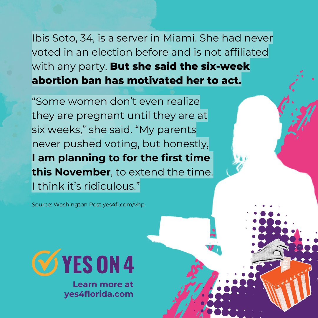 Politicians have gone too far. The near-total abortion ban is activating fed-up Floridians like Ibis to go to the polls this Nov. Will you vote #YesOn4? Friends? Family? Co-workers? Pledge to vote now and get the resources to be heard on election day: yes4fl.com/pledge