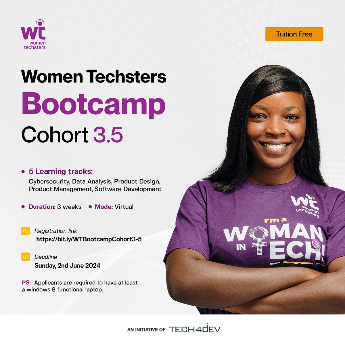 Ready to launch your tech career? Applications for Women Techsters Bootcamp Cohort 3.5 is officially open. Join us for a 3-week, FREE training program designed to equip you with in-demand skills in: • Product Design • Product Management • Cybersecurity • Data Analysis
