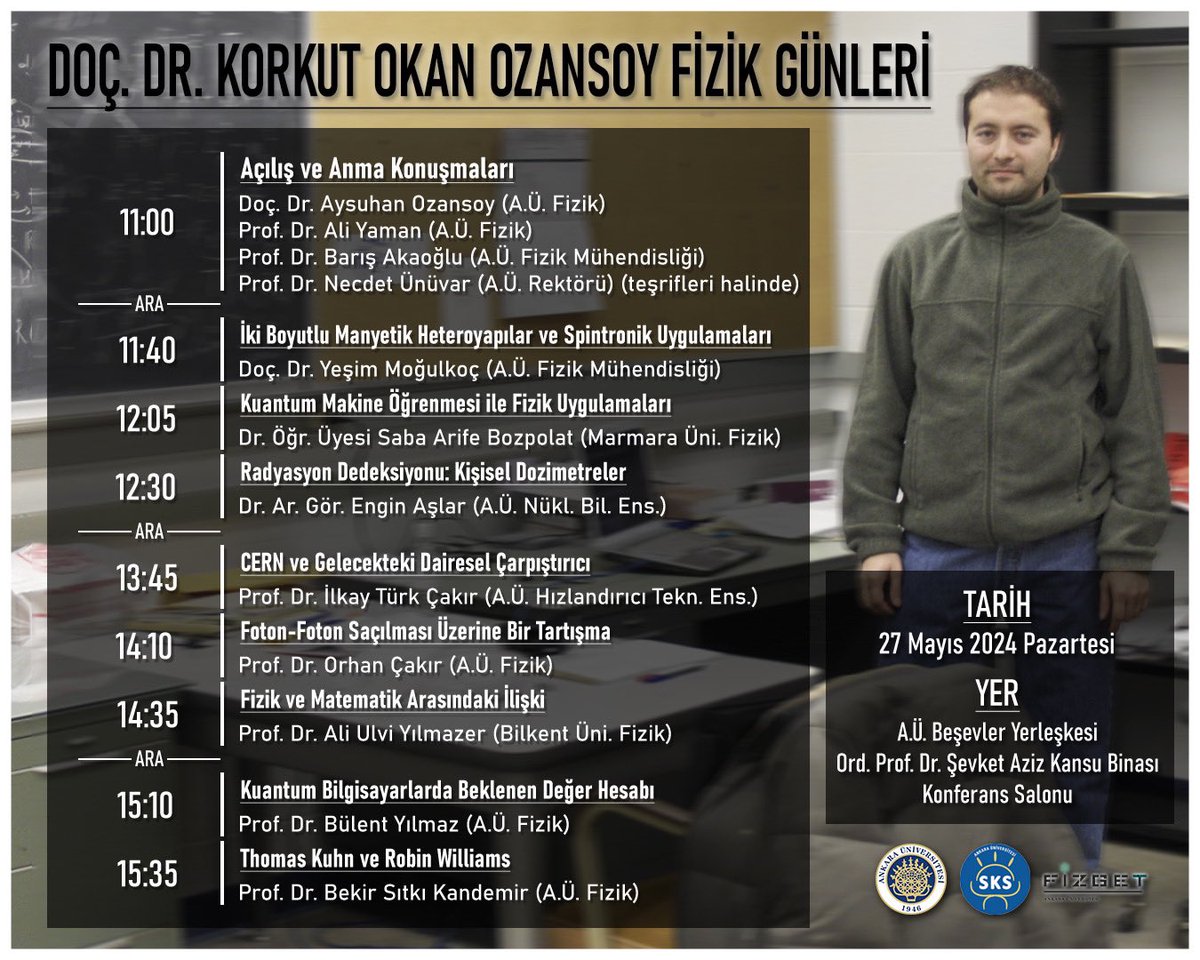 Doç. Dr. Korkut Okan Ozansoy Fizik Günleri

Yıllarca Fizik ve Fizik Mühendisliği bölümlerinde emek vermiş merhum Doç. Dr. Korkut Okan Ozansoy’u onun da çok sevdiği fizik ile anacağız. 
🗓️ 27 Mayıs Pazartesi 
⏰ 11:00
🪧 Ord. Prof. Dr. Şevket Aziz Kansu Binası Konferans Salonu