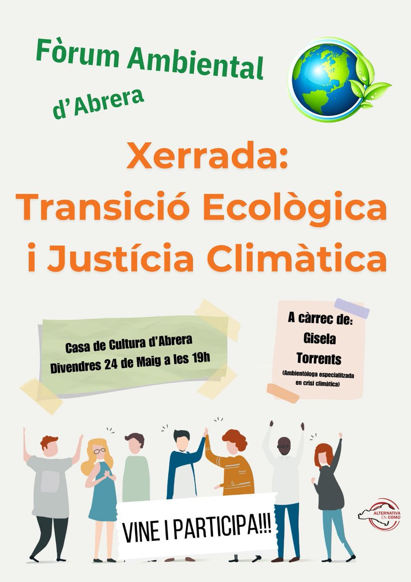 El Fòrum Ambiental, òrgan de participació, debat i acció sobre lluita contra el canvi climàtic i millora del medi ambient, impulsat per Alternativa en Comú, programa per divendres 24 una xerrada molt interessant sobre transició ecològica i justícia climàtica amb Gisela Torrents.