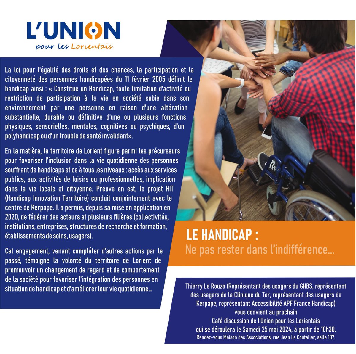UnissonsLorient's tweet photo. Café - discussion samedi 25/05 à la salle des associations J. Le Coutaller à Lorient sur le thème du handicap. Co-animé par Thierry Le Rouzo et Laurent Le Floc’h. https://t.co/F7LQc3IPzS