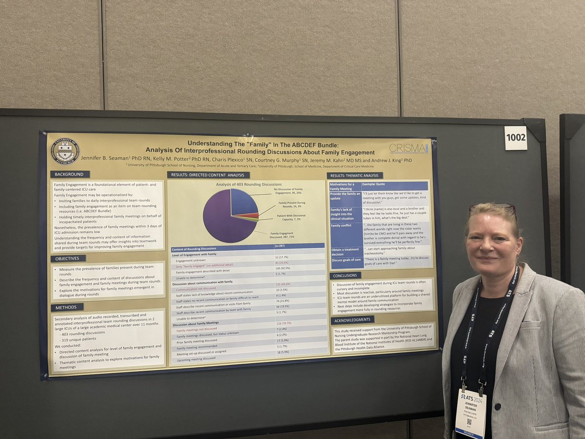 Jen Seaman PhD, RN, CHPN <a href="/upittnursing/">Pitt Nursing</a> <a href="/PittPalCare/">Palliative Research Center</a> <a href="/pittccm/">Pitt Critical Care Medicine</a> presents her work on Understanding the “Family” in the ABCDEF Bundle: An Analysis of Interprofessional Rounding Discussions #ATS2024