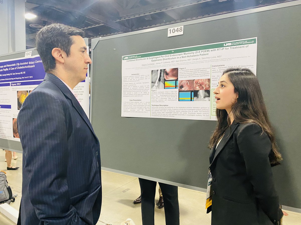 Sergio A. Sánchez-Luna, MD, DABOM (He/Him/His) (@sanchezlunamd) on Twitter photo 🔊Come by and stop at 1048 during <a href="/DDWMeeting/">Digestive Disease Week</a> to learn about combined D-E POEM in the setting of an epiphrenic diverticulum and EGJOO! So proud of our very own <a href="/UABHeersink/">UAB Heersink School of Medicine</a> 3rd year medical student! Congrats Alegna! 💫
Thanks to <a href="/MendozaLadd/">Antonio Mendoza Ladd MD, AGAF, FACG, FASGE</a> for stopping by! #DDW2024 🔊Come by and stop at 1048 during <a href="/DDWMeeting/">Digestive Disease Week</a> to learn about combined D-E POEM in the setting of an epiphrenic diverticulum and EGJOO! So proud of our very own <a href="/UABHeersink/">UAB Heersink School of Medicine</a> 3rd year medical student! Congrats Alegna! 💫
Thanks to <a href="/MendozaLadd/">Antonio Mendoza Ladd MD, AGAF, FACG, FASGE</a> for stopping by! #DDW2024