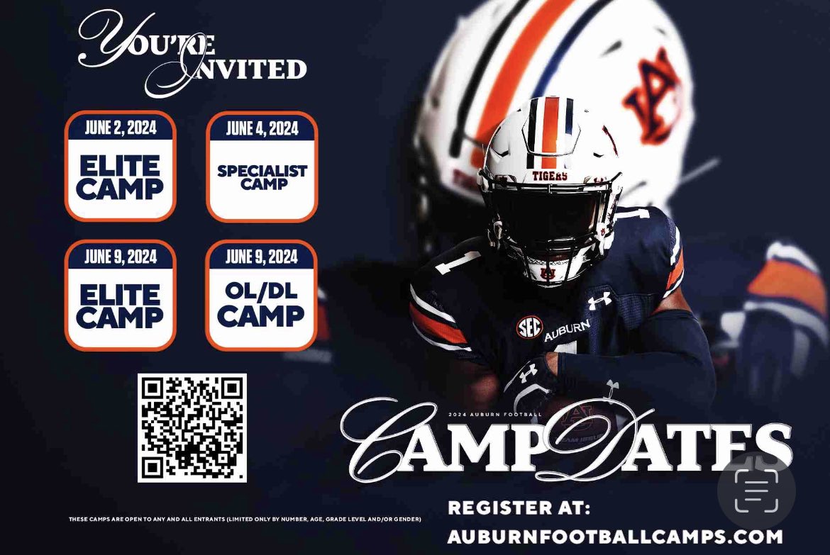 Excited to be invited to the @AuburnFootball elite camp. See you on June 9th @therealkwat @bsa28_ @TEwracademy @CoachWild15 @CoachDaniels06