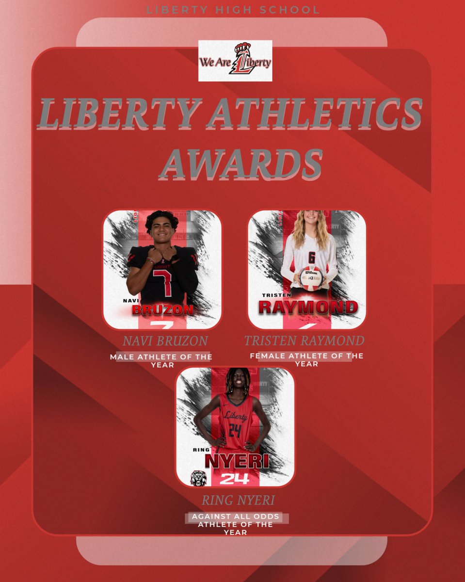 Congratulations 2023-24 Liberty Athletics Awards Athletes of the Year Awards. Navi Bruzon --Male Athlete of the Year Tristen Raymond --Female Athlete of the Year Ring Nyeri--Against All Odds Athlete of the Year