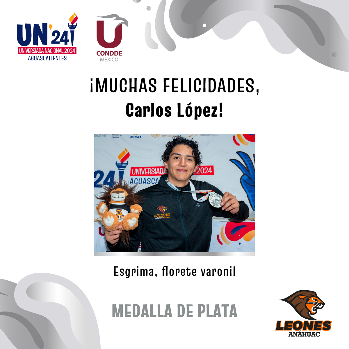 #VamosLeones ¡Medalla de plata para Carlos Lopez en Esgrima, florete varonil! 🥈👏🏼 Muchas felicidades 🙌🏼 #UniversiadaNacional2024 @ConddeMx @UniversiadaMX