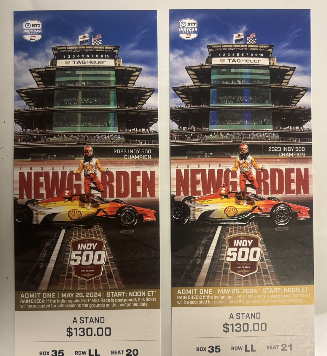 Hey folks - I don’t like to do this but we’ve had a last minute cancellation that leaves me with 2 tickets to the Indy 500 Sunday.

Tickets are excellent seats near the end of the homestretch with a view of the pits and Turn 1. The best part? They’re in the shade!

$260 for the