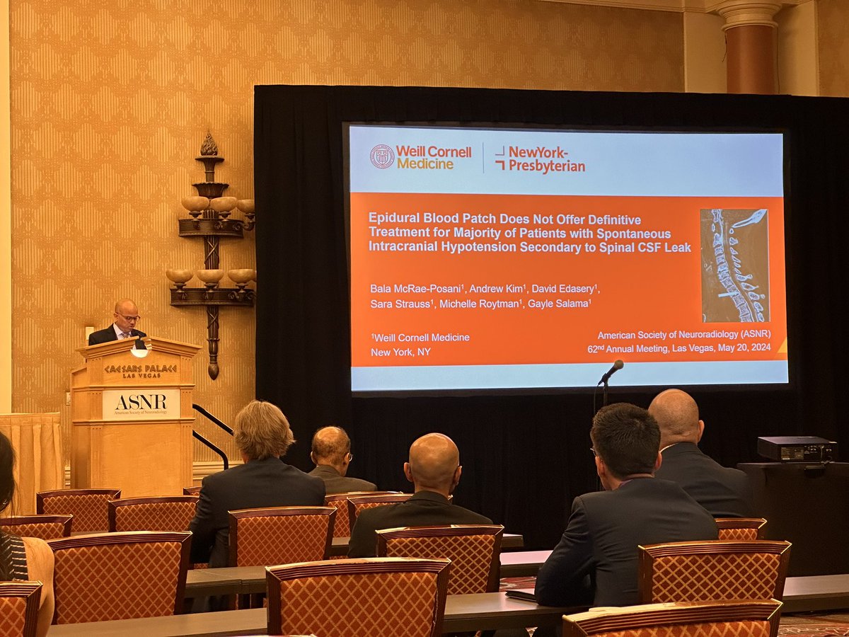 Congratulations to @WeillCornell medical student, @bposani Bala McRae-Posani. Your research on #csfleak and #bloodpatch is extremely important and will improve patient care. Wonderful talk presented at #asnr2024 @TheASNR @WCMRadiology