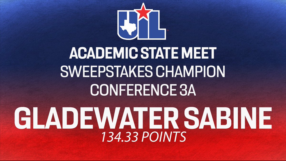 Congrats to Gladewater Sabine, Conference 3A 2024 #UILState Overall Academic Team Champions for the third year in a row! INDIV: 🥈🥈🥈🥈🥉🥉🥉 | TEAM: 🥇🥈🥈🥈🥈 Sweepstakes championships are awarded to schools with the most points across all State Academic events. 3A