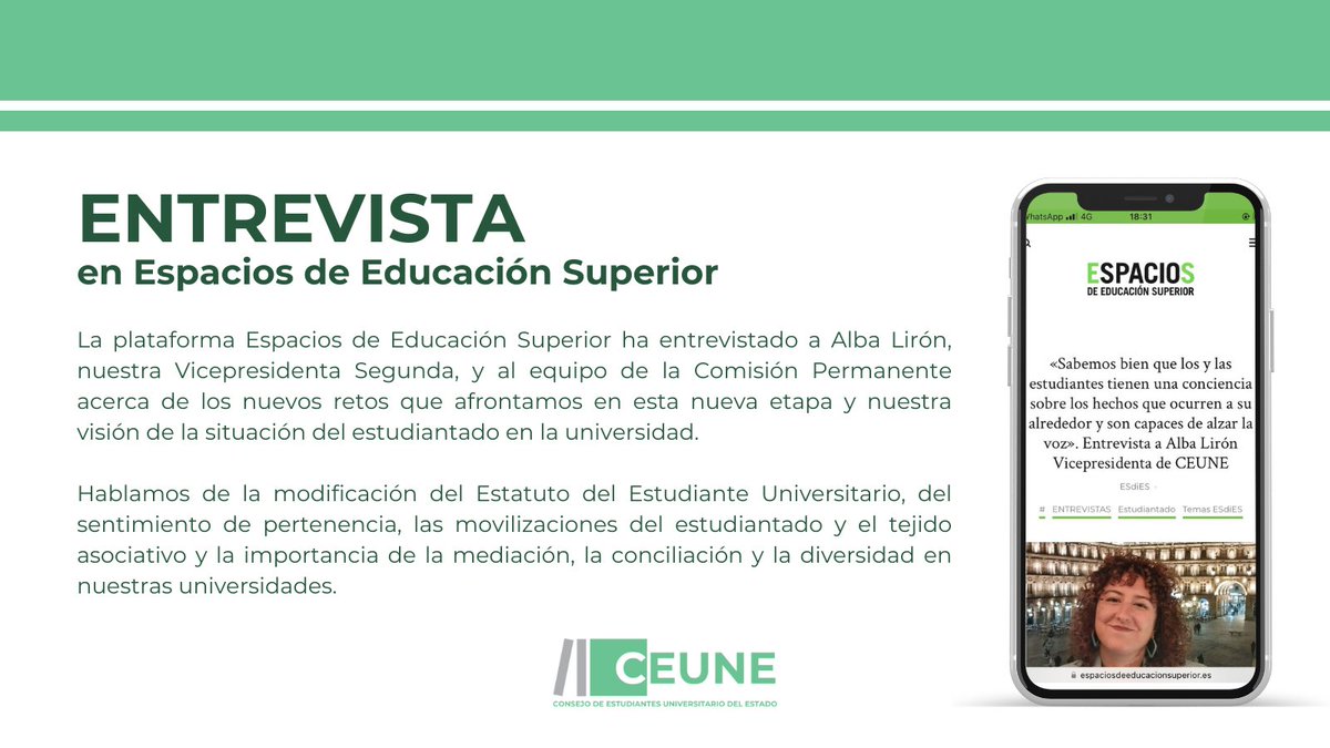 🟢 Hoy se publica en @espacios_edusup una entrevista a Alba Lirón y a la nueva Comisión Permanente del CEUNE en la que hablamos de nuestros nuevos retos en esta etapa.

Puedes leerla aquí: espaciosdeeducacionsuperior.es/20/05/2024/ent…