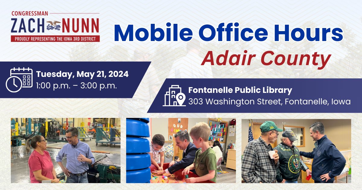 Adair County, you can stop by at our mobile office hours in Fontanelle this Tuesday if you need help with: ✔️ Passports ✔️ Military records ✔️ Social Security/Medicare ✔️ Veterans benefits ✔️ Tax returns ✔️ And more!
