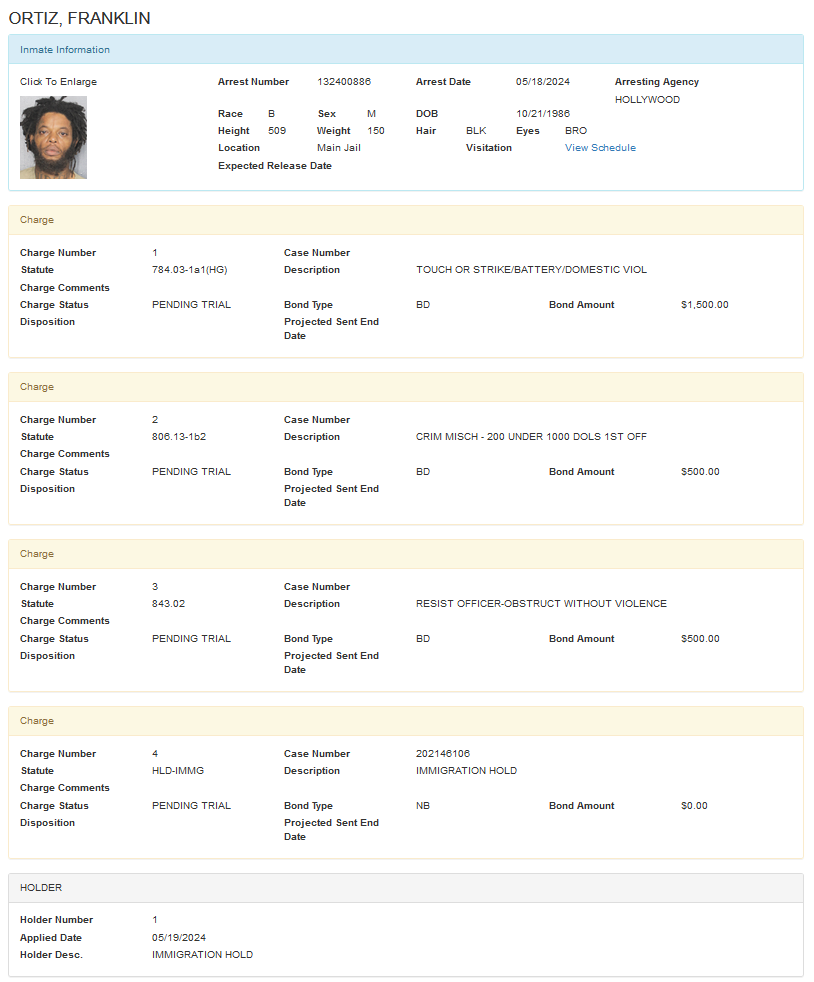 Broward County, FL: On Saturday, Franklin Ortiz was arrested for Domestic Violence, Criminal Mischief, and Resisting.

He has an immigration detainer hold.