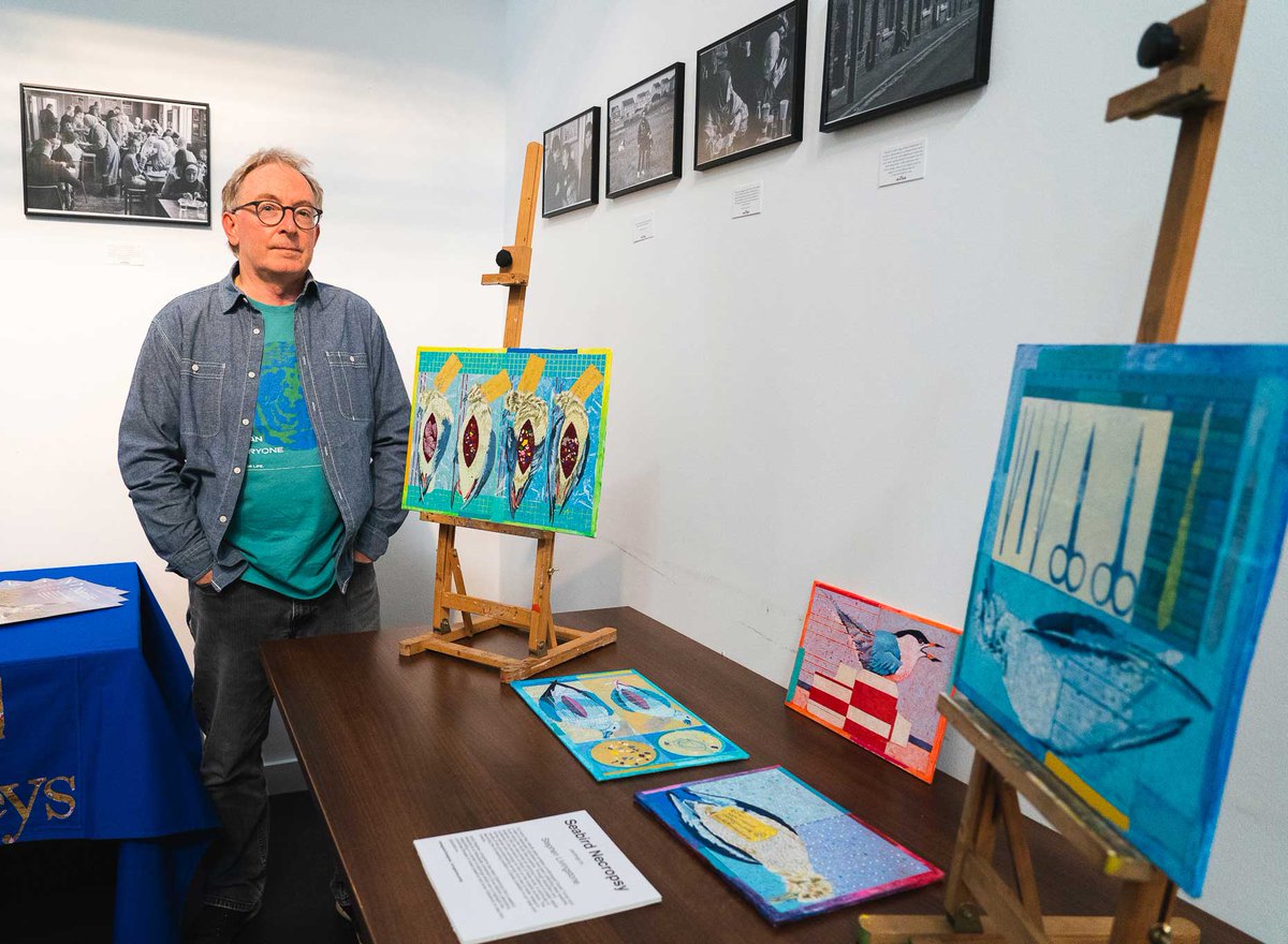 Artist Stephen Livingstone with selection of his Seabird Necropsy paintings @tynesidecinema 21.04.24 during @NEBBS11 Plastic Warriors event. The art features our research: plastic pollution & seabirds. Photos: @cainscrimgeour. @OutpostP @PoppyChandler4 @NENature_ @abbiegarrington