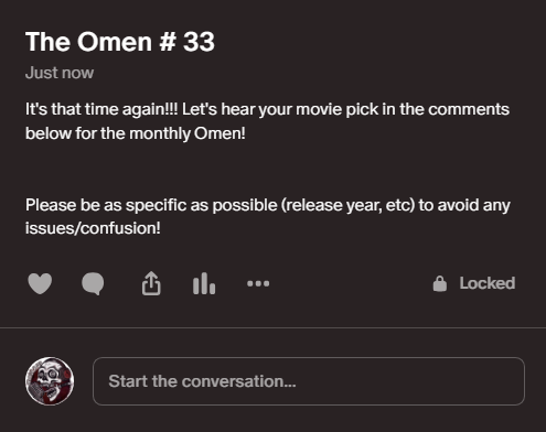 THE OMEN IS OPEN! If you want to pick our #horror movie topic for next week head over to Patreon.com/SlasherRadio #SupportIndieHorror