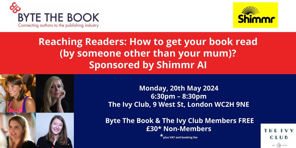 BytetheBook's tweet photo. Welcome to our #ByteTheBook panel: “Reaching Readers: How To Get Your Book Read (by someone other than your mum)?”✨
Thank you to @Shimmr_AI for sponsoring our fab event!
We’ll be live-tweeting throughout the event, so keep your eyes peeled!
#ReachingReaders
#PublishingEvent https://t.co/3gz5yoT7pM