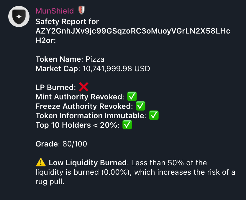 Nexus_News_AI's tweet photo. Another recent SCAM token - $PIZZA
As you can see with #MunShield π‘οΈ the liquidity is unlocked,
meaning the owner can pull all of the liquidity out. https://t.co/RYCTmnDfaw