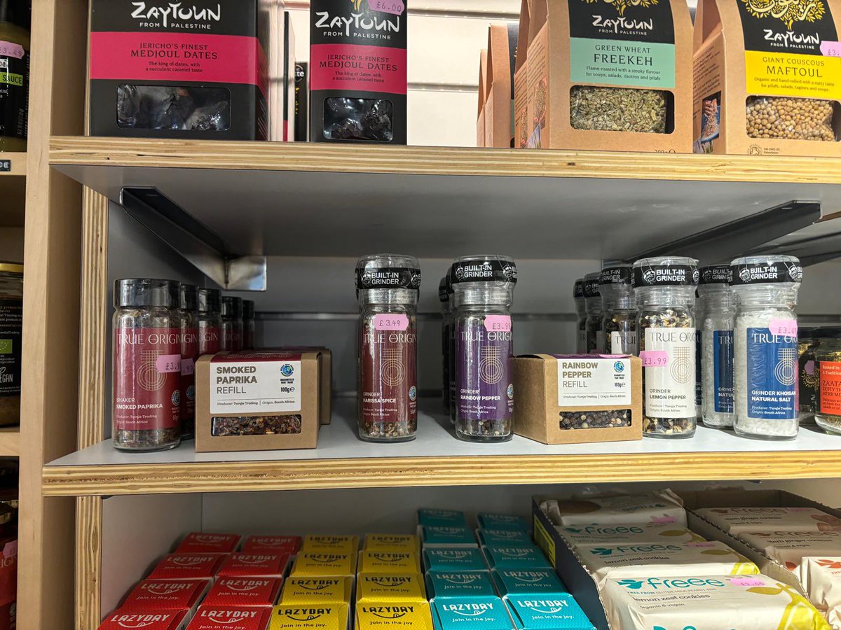 TrueOriginFood's tweet photo. A great #BAFTS Conference in Edinburgh. Here’s Nicola showing off our #FairTrade products at the @oneworldshop  after the event ended. Some  of the highlights today: Succession Planning &amp; the @Zaytoun_CIC talk about the situation in Palestine. https://t.co/Fvo2maheme