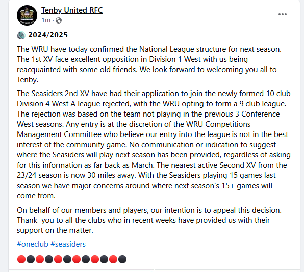 TenbyUTDRFC's tweet photo. 🔊 𝟮𝟬𝟮𝟰/𝟮𝟬𝟮𝟱

The WRU have today confirmed the National League structure for next season. We look forward to welcoming you all to Tenby.

Statement attached regarding the Seasiders 2nd XV's rejected entry into the newly formed D4 West A

#oneclub #seasiders

🔴⚫🔴⚫🔴⚫ https://t.co/PeczNi9cyU