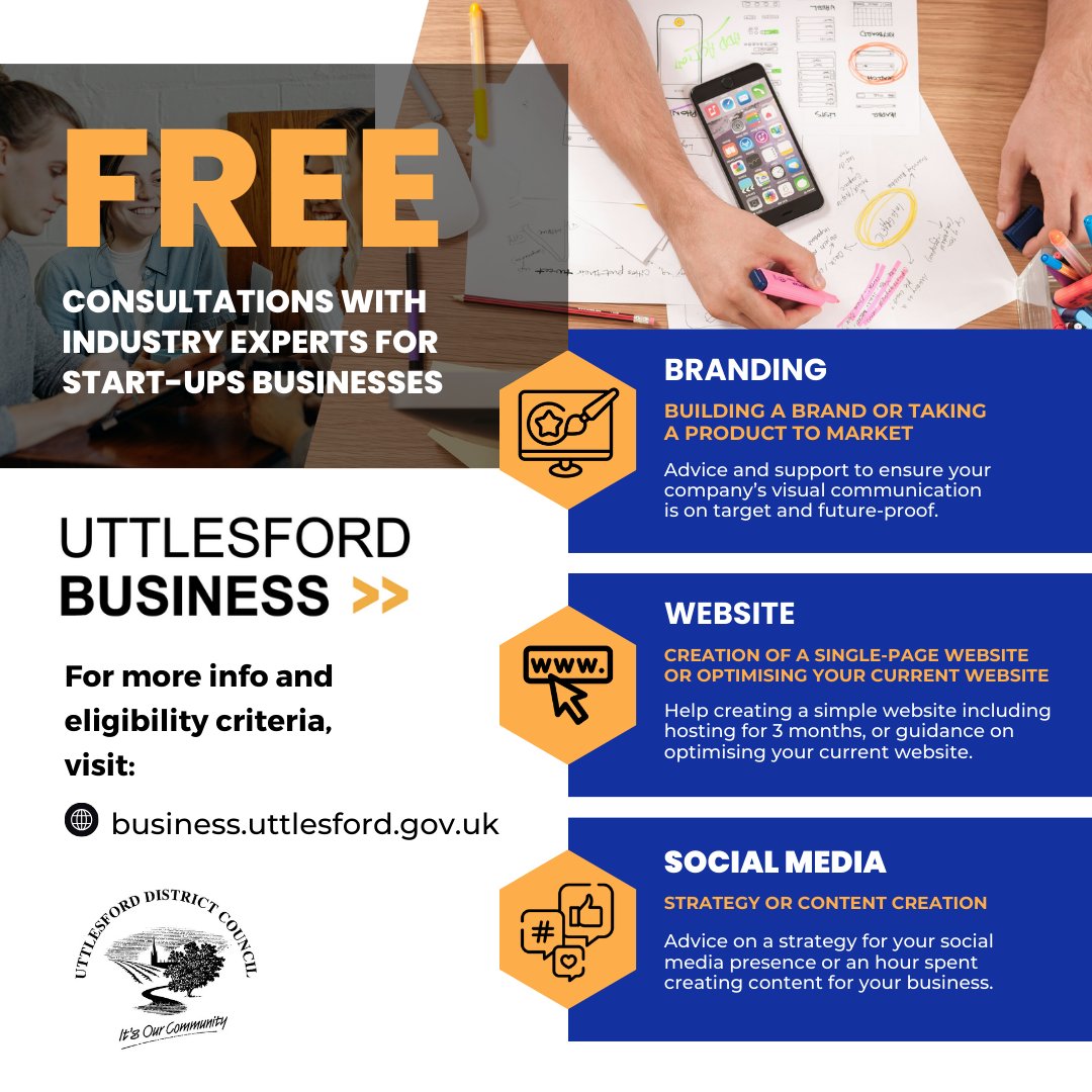 Support for new businesses in Uttlesford 🤝 @UttlesfordDC is offering fully funded consultations with industry experts. Advice covers social media, branding, taking your product to market and more! Find out more and apply: business.uttlesford.gov.uk/article/9281/S…