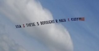HAPPENING NOW: 

As President Trump sits in his sham trial overseen by the communist Judge Juan Merchan in NYC for the 5th week, a plane is flying this banner over the court house and Manhattan. 

It says “USA & THESE 5 BOROUGHS R MAGA & RUDY”. 

Over the weekend, while he was