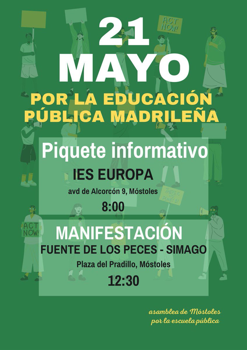 Mañana martes volvemos a manifestarnos para que el gobierno de l @ppopular de la C.Madrid atienda las reivindicaciones de los docentes de la Educación Pública. Apoya las acciones que llevaremos a cabo en @Mostoles