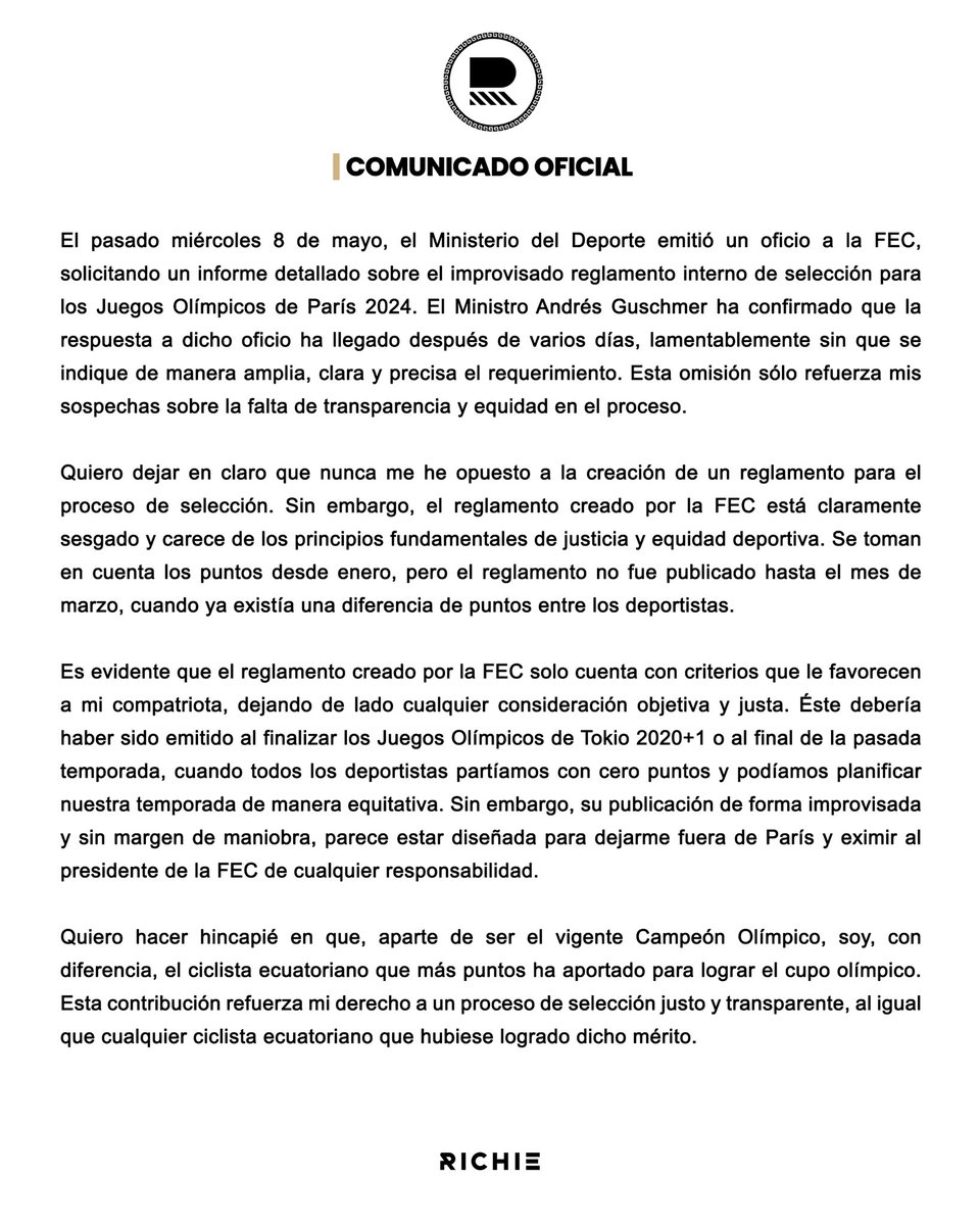RichardCarapazM's tweet photo. Comunicado oficial: JJOO París 2024 https://t.co/TKBomzzopG