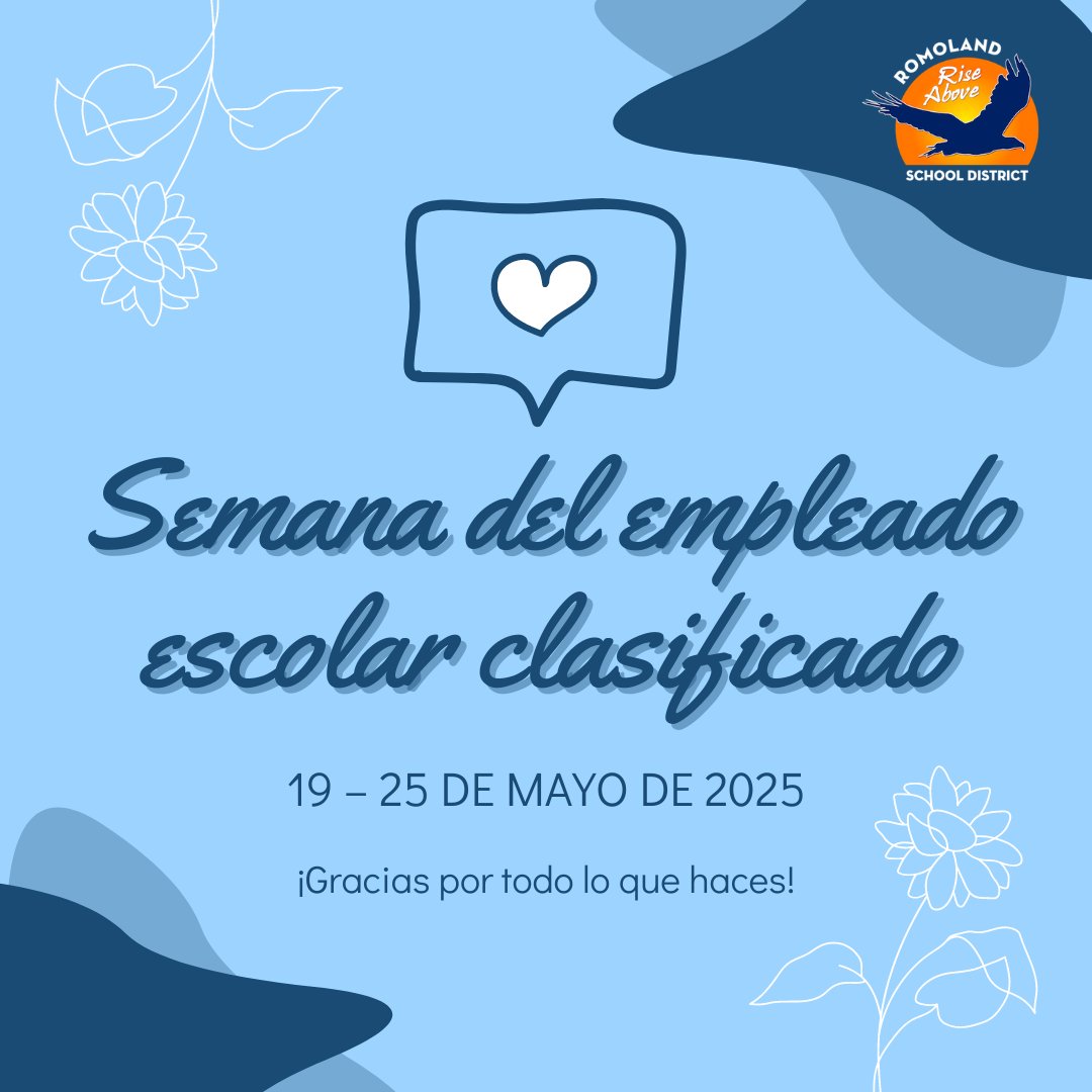 Romoland School District (@romolandsd) on Twitter photo 📚✨Happy Classified School Employee Week!✨📚
Thank you for your unwavering commitment to the <a href="/RomolandSD/">Romoland School District</a> community! Your contributions make a world of difference every day. 🙌💙 📚✨Happy Classified School Employee Week!✨📚
Thank you for your unwavering commitment to the <a href="/RomolandSD/">Romoland School District</a> community! Your contributions make a world of difference every day. 🙌💙